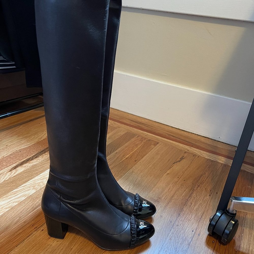 Chanel Black Lambskin Ruffle Cap Toe Knee High Boots